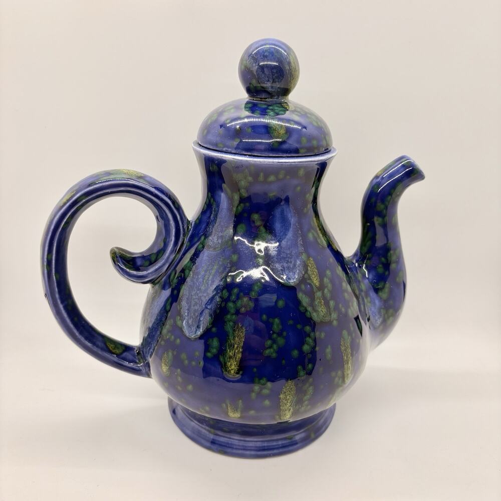 Vintage Studio Art Pottery Teapot Blue Green Signed 1999 Cobalt Yellow 8.5" Tall